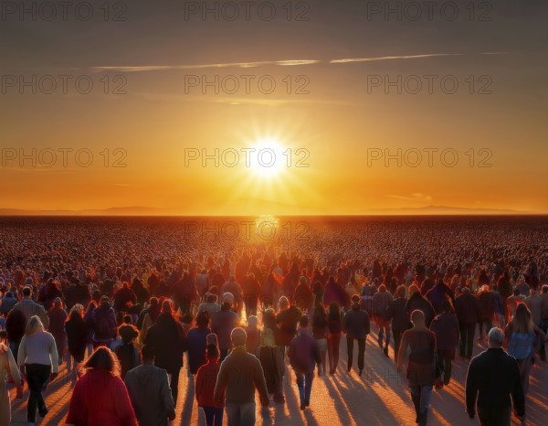A group of individuals walks along the ground, silhouetted by a large setting sun, creating a dramatic and warm composition, AI generated