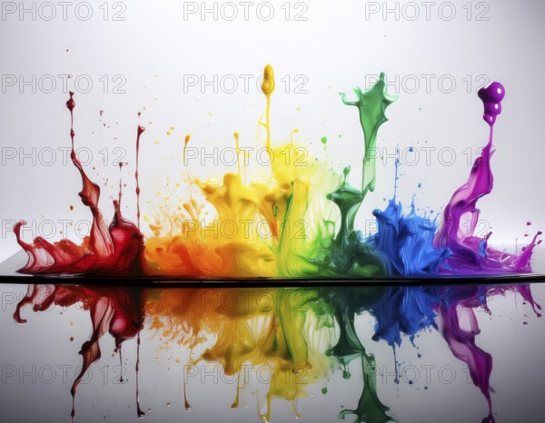 A vivid and dynamic display of multicolored paint splashing in motion against a pristine white backdrop, conveying energy, creativity, and colorful artistry for vibrant compositions and conceptual visuals, AI generated