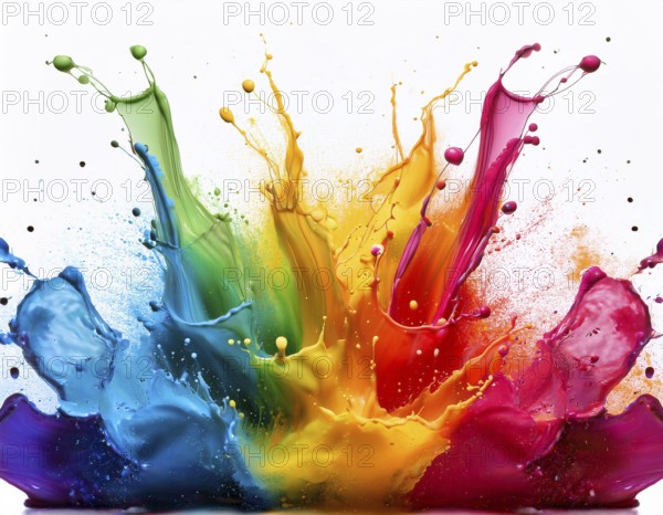 A vivid and dynamic display of multicolored paint splashing in motion against a pristine white backdrop, conveying energy, creativity, and colorful artistry for vibrant compositions and conceptual visuals, AI generated