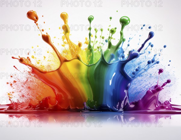 A vivid and dynamic display of multicolored paint splashing in motion against a pristine white backdrop, conveying energy, creativity, and colorful artistry for vibrant compositions and conceptual visuals, AI generated