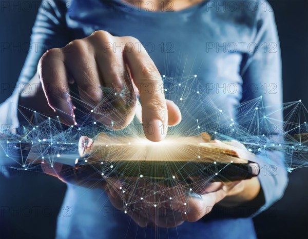 A close-up of a hand using a smartphone with a glowing digital network overlay, illustrating advanced technology, connectivity, and modern device interaction in a conceptual design emphasizing innovation, AI generated