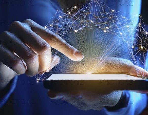 A close-up of a hand using a smartphone with a glowing digital network overlay, illustrating advanced technology, connectivity, and modern device interaction in a conceptual design emphasizing innovation, AI generated