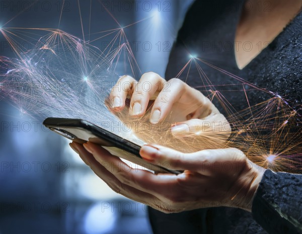 A close-up of a hand using a smartphone with a glowing digital network overlay, illustrating advanced technology, connectivity, and modern device interaction in a conceptual design emphasizing innovation, AI generated
