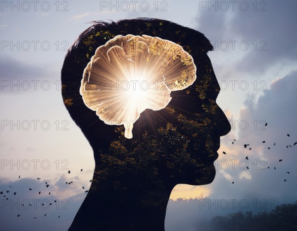 A creative representation of a human head silhouette incorporating an illuminated brain. The image blends nature and intellect themes through the inclusion of a forest background during sunset, AI generated