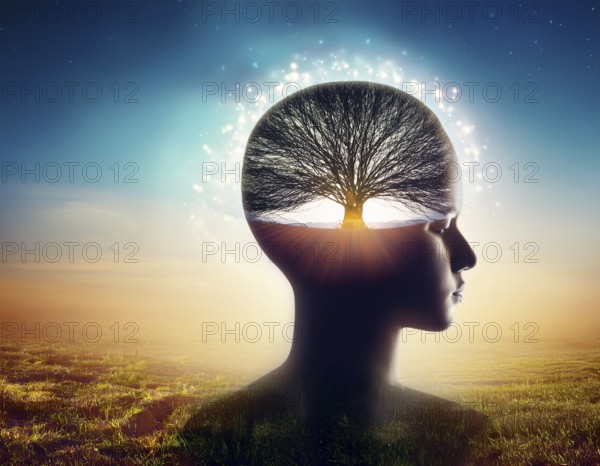 Conceptual artwork showcasing the silhouette of a person overlapping with a serene natural scene, symbolizing mindfulness, personal growth, and unity with nature. Vibrant visuals emphasize harmony and mental well-being, AI generated