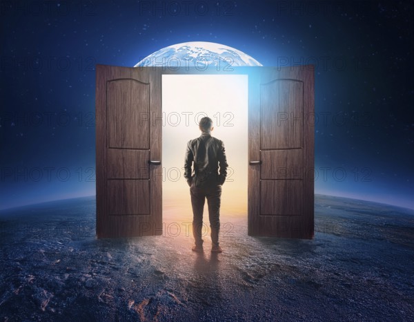Illuminating image of a man before a radiant doorway, symbolizing exploration, opportunity, and transformation against the backdrop of Earth's grandeur, AI generated
