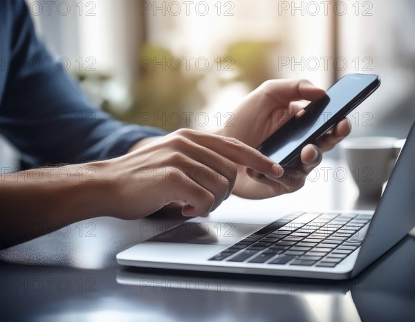 A man in a professional office environment multitasking with a smartphone and laptop, conveying productivity, technology integration, and modern working practices, AI generated