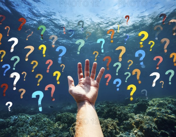 An extended hand emerges from water surrounded by floating question marks, artistically representing ambiguity, seeking answers, or a metaphorical call for help in a conceptual perspective, AI generated