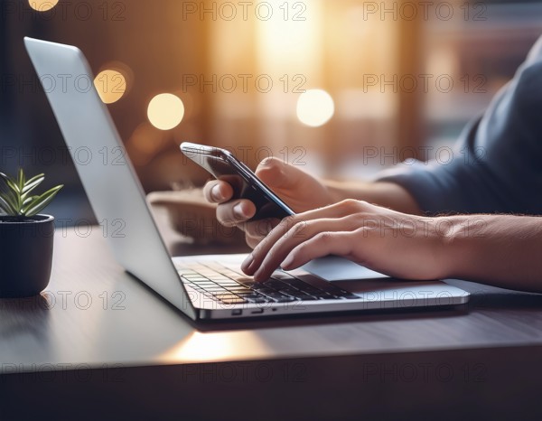 A man in a professional office environment multitasking with a smartphone and laptop, conveying productivity, technology integration, and modern working practices, AI generated