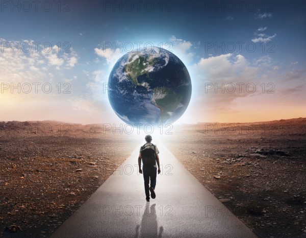 A surreal image of man walking on a boardwalk toward a large depiction of Earth surrounded by clouds, symbolizing aspiration, unity, and global connection, with a serene and dreamlike ambiance, AI generated