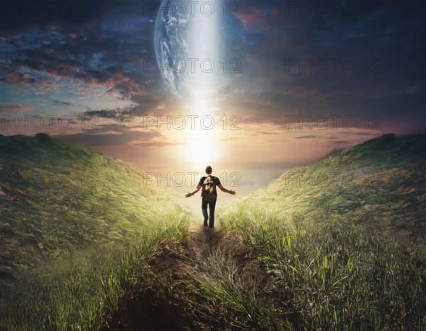Concept Spirituality, Afterlife, Light Energy, Transcendence, Reality. Soul transcends through light portal exploring afterlife and spirituality, AI generated