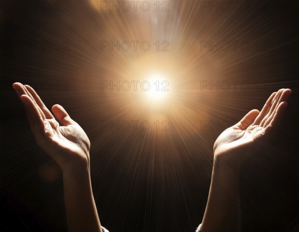 Image of open hands embracing a radiant light source, embodying concepts of hope, spirituality, and inspiration. Features strong symbolism and evocative atmosphere for spiritual, motivational, or artistic themes, AI generated