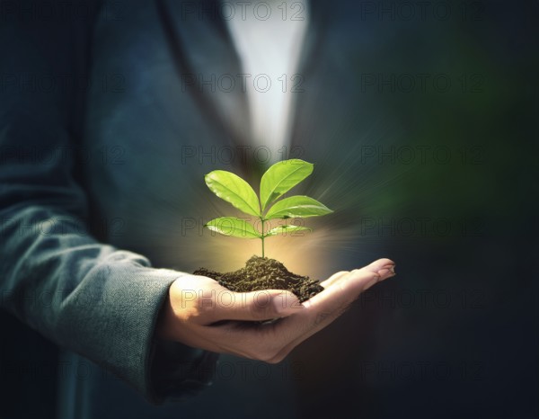 Close-up of hands cradling a small leafy plant, symbolizing growth, care, and sustainability in nature, AI generated