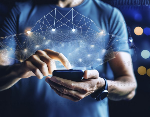 A close-up of a hand using a smartphone with a glowing digital network overlay, illustrating advanced technology, connectivity, and modern device interaction in a conceptual design emphasizing innovation, AI generated