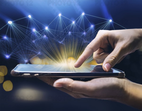 A close-up of a hand using a smartphone with a glowing digital network overlay, illustrating advanced technology, connectivity, and modern device interaction in a conceptual design emphasizing innovation, AI generated