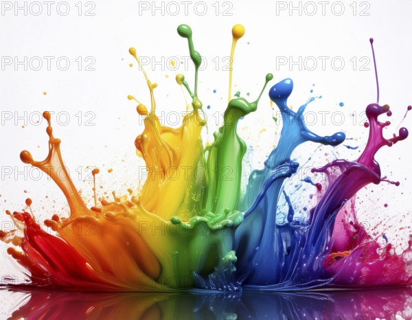 A vivid and dynamic display of multicolored paint splashing in motion against a pristine white backdrop, conveying energy, creativity, and colorful artistry for vibrant compositions and conceptual visuals, AI generated