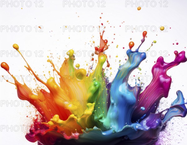 A vivid and dynamic display of multicolored paint splashing in motion against a pristine white backdrop, conveying energy, creativity, and colorful artistry for vibrant compositions and conceptual visuals, AI generated
