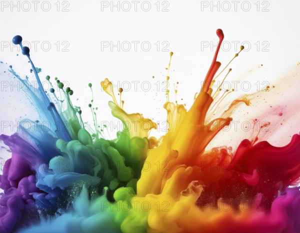 A vivid and dynamic display of multicolored paint splashing in motion against a pristine white backdrop, conveying energy, creativity, and colorful artistry for vibrant compositions and conceptual visuals, AI generated