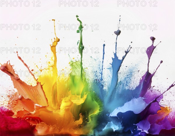 A vivid and dynamic display of multicolored paint splashing in motion against a pristine white backdrop, conveying energy, creativity, and colorful artistry for vibrant compositions and conceptual visuals, AI generated