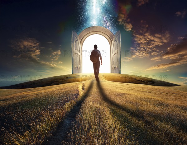 Concept Spirituality, Afterlife, Light Energy, Transcendence, Reality. Soul transcends through light portal exploring afterlife and spirituality, AI generated