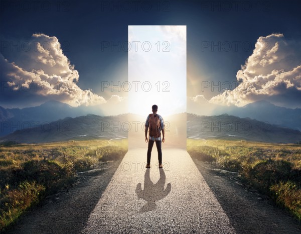 Concept Spirituality, Afterlife, Light Energy, Transcendence, Reality. Soul transcends through light portal exploring afterlife and spirituality, AI generated