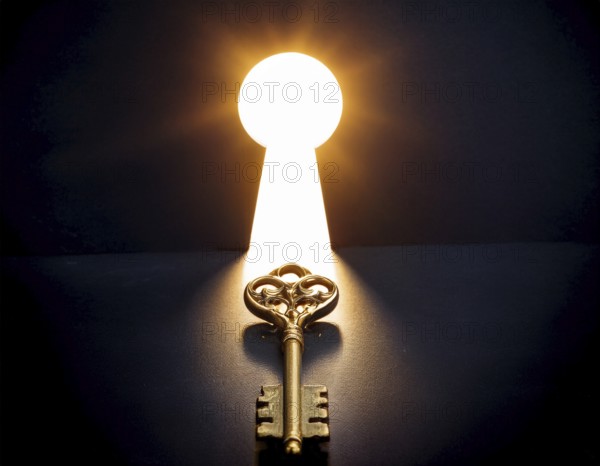 An antique key, leading to a bright light in a keyhole shape, symbolizing opportunity, access, and unlocking potential, AI generated