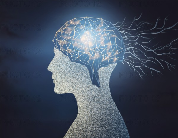 A creative representation of a human head silhouette incorporating an illuminated brain. The image blends nature and intellect themes through the inclusion of a forest background during sunset, AI generated