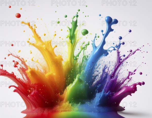 A vivid and dynamic display of multicolored paint splashing in motion against a pristine white backdrop, conveying energy, creativity, and colorful artistry for vibrant compositions and conceptual visuals, AI generated