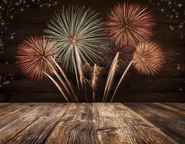 Elegant Fireworks Display Over Wooden Deck During Night Celebration, AI generated