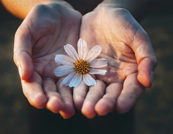 A gentle hand carefully holds a small flower with adarl color background, AI generated