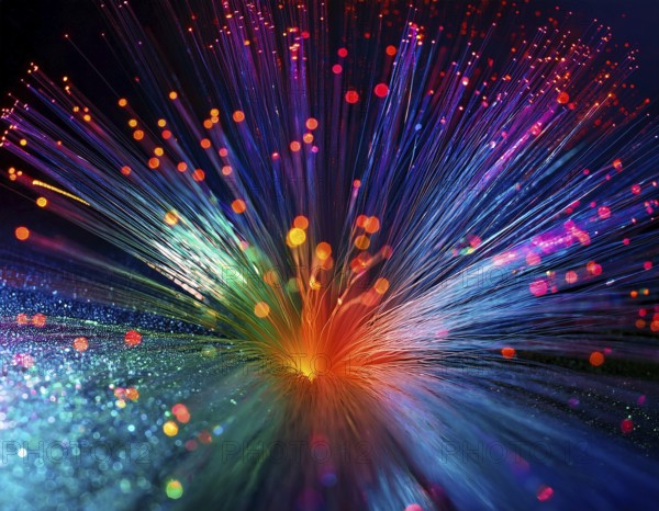 Glowing fiber-optic lights in vivid colors, creating a futuristic and dynamic visual effect, ideal for technology, AI generated