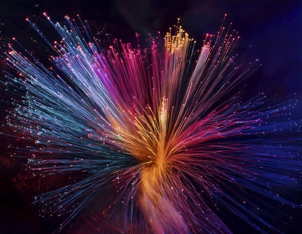 Glowing fiber-optic lights in vivid colors, creating a futuristic and dynamic visual effect, ideal for technology, AI generated