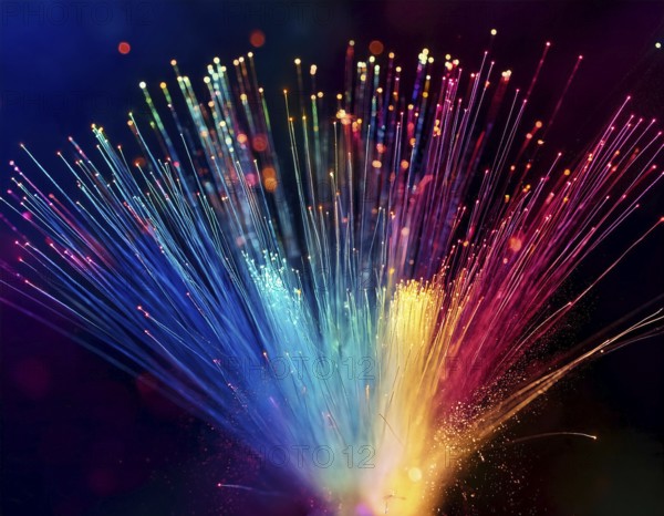 Glowing fiber-optic lights in vivid colors, creating a futuristic and dynamic visual effect, ideal for technology, AI generated