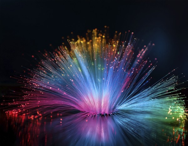 Glowing fiber-optic lights in vivid colors, creating a futuristic and dynamic visual effect, ideal for technology, AI generated