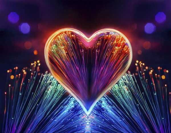 Colorful artistic display featuring vibrant light patterns shaped like a heart, expressing love and creativity through illuminated fibers in a mesmerizing spectrum of rainbow hues, AI generated