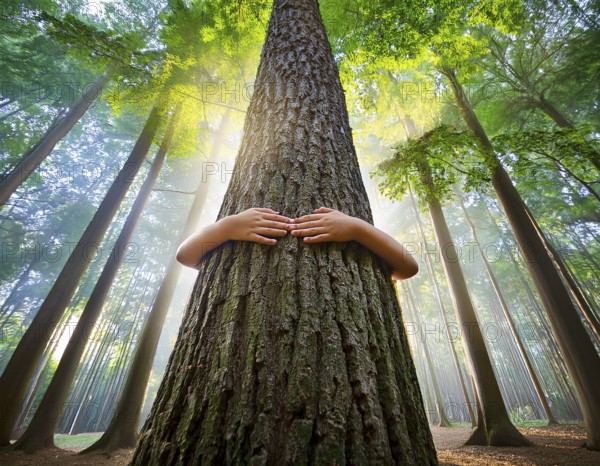 A pair of hands hugs a tree trunk in a sunlit forest, representing care for nature, environmental awareness, and harmonious connection with the earth's ecosystems, AI generated