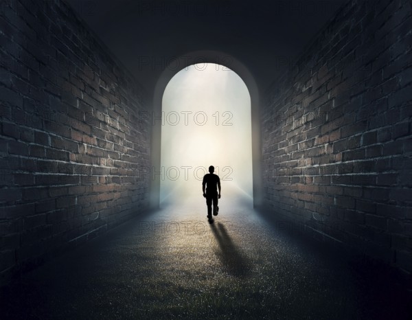 Man walking to new better world of hope and bright future, AI generated