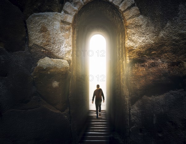 Man walking to new better world of hope and bright future, AI generated