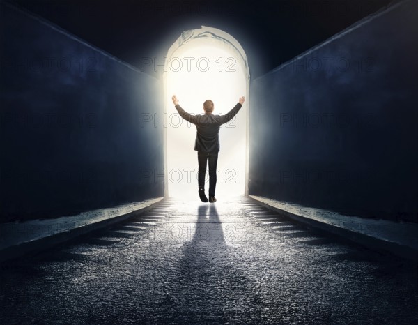Man walking to new better world of hope and bright future, AI generated