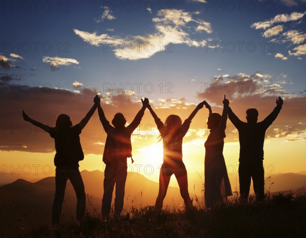 A group of friends celebrating together, leaping with joy against a breathtaking sunset. Their silhouetted forms convey unity, happiness, and shared emotion in a serene natural setting, AI generated