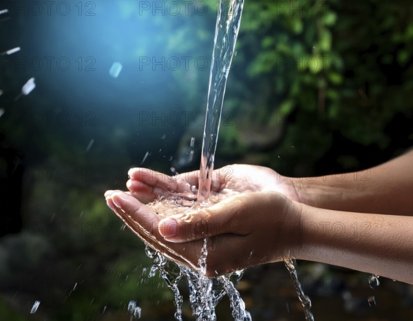 A pair of human hands collecting fresh water flowing from a source, surrounded by grassy landscape, illuminated by natural sunlight, symbolizing cleanliness, environmental protection, and the vitality of nature, AI generated