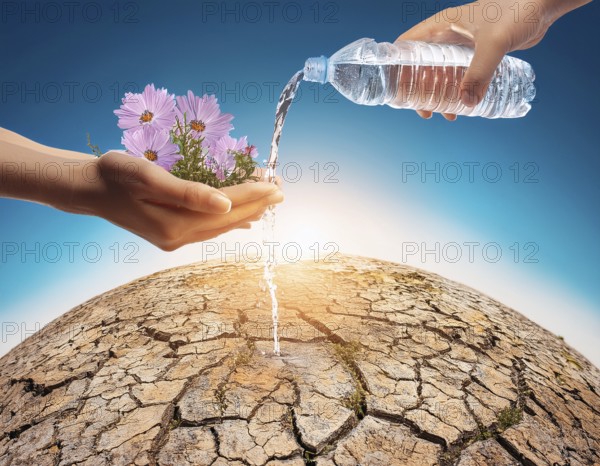 Symbolizing hope and resilience, a flower thrives in a dry desert landscape, nourished by water from supportive hands amidst a barren environment, representing growth despite adverse conditions, AI generated