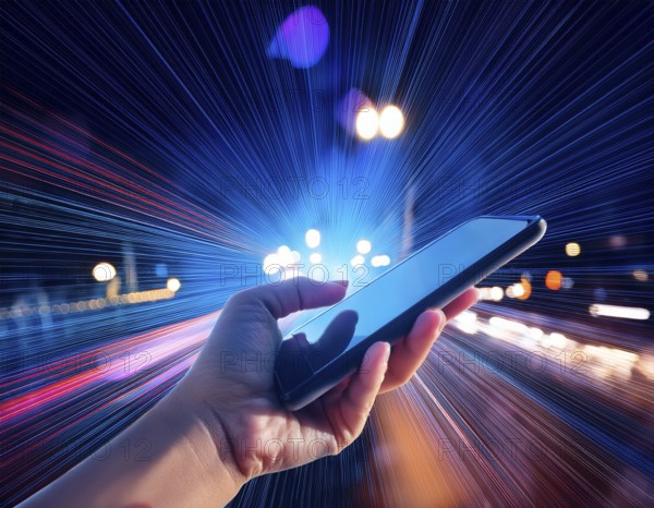 Hand holding a smartphone with a blank screen above a motion-blurred, colorful light background, AI generated