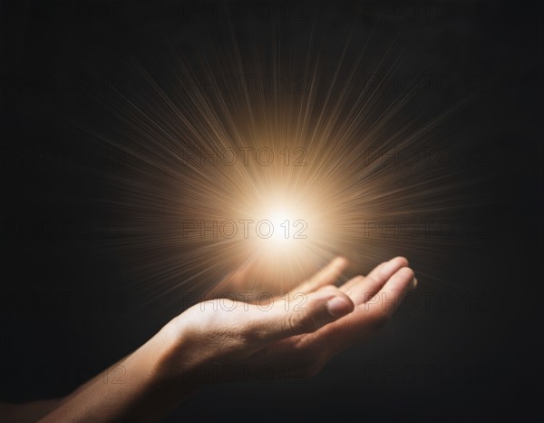 Image of open hand embracing a radiant light source, embodying concepts of hope, spirituality, and inspiration. Features strong symbolism and evocative atmosphere for spiritual, motivational, or artistic themes, AI generated