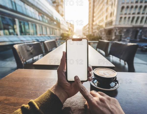 A person holding a smartphone at an outdoor cafe amidst a vibrant and lively urban setting. The image captures a relaxed moment with modern technology interaction and a scenic cityscape, AI generated