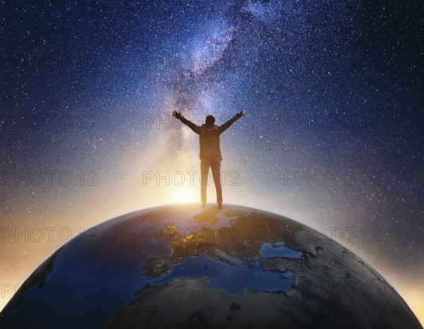 A man stands victoriously atop the Earth amidst a surreal cloudscape, symbolizing triumph over challenges and connection to the planet, AI generated