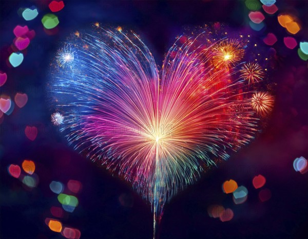 Colorful artistic display featuring vibrant light patterns shaped like a heart, expressing love and creativity through illuminated fibers in a mesmerizing spectrum of rainbow hues, AI generated
