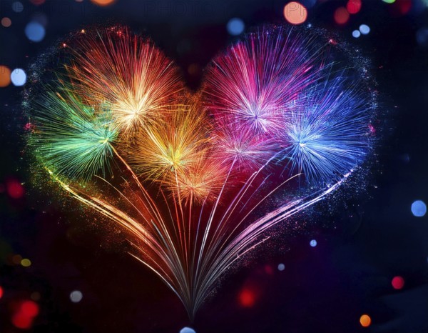 Colorful artistic display featuring vibrant light patterns shaped like a heart, expressing love and creativity through illuminated fibers in a mesmerizing spectrum of rainbow hues, AI generated