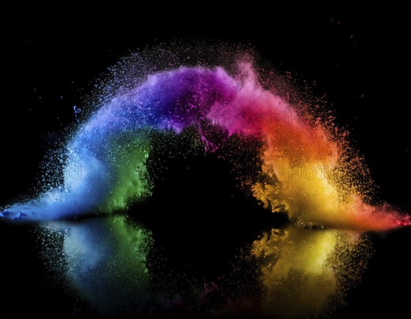 Vibrant and energetic multicolored powder explosion captured against a dark background. Evoking festival celebrations reminiscent of Holi, with dynamic motion and graphic potential for creative artistic projects, AI generated