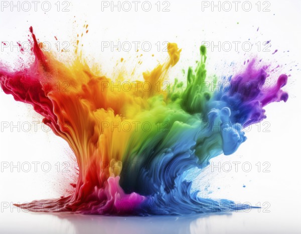 A vivid and dynamic display of multicolored paint splashing in motion against a pristine white backdrop, conveying energy, creativity, and colorful artistry for vibrant compositions and conceptual visuals, AI generated